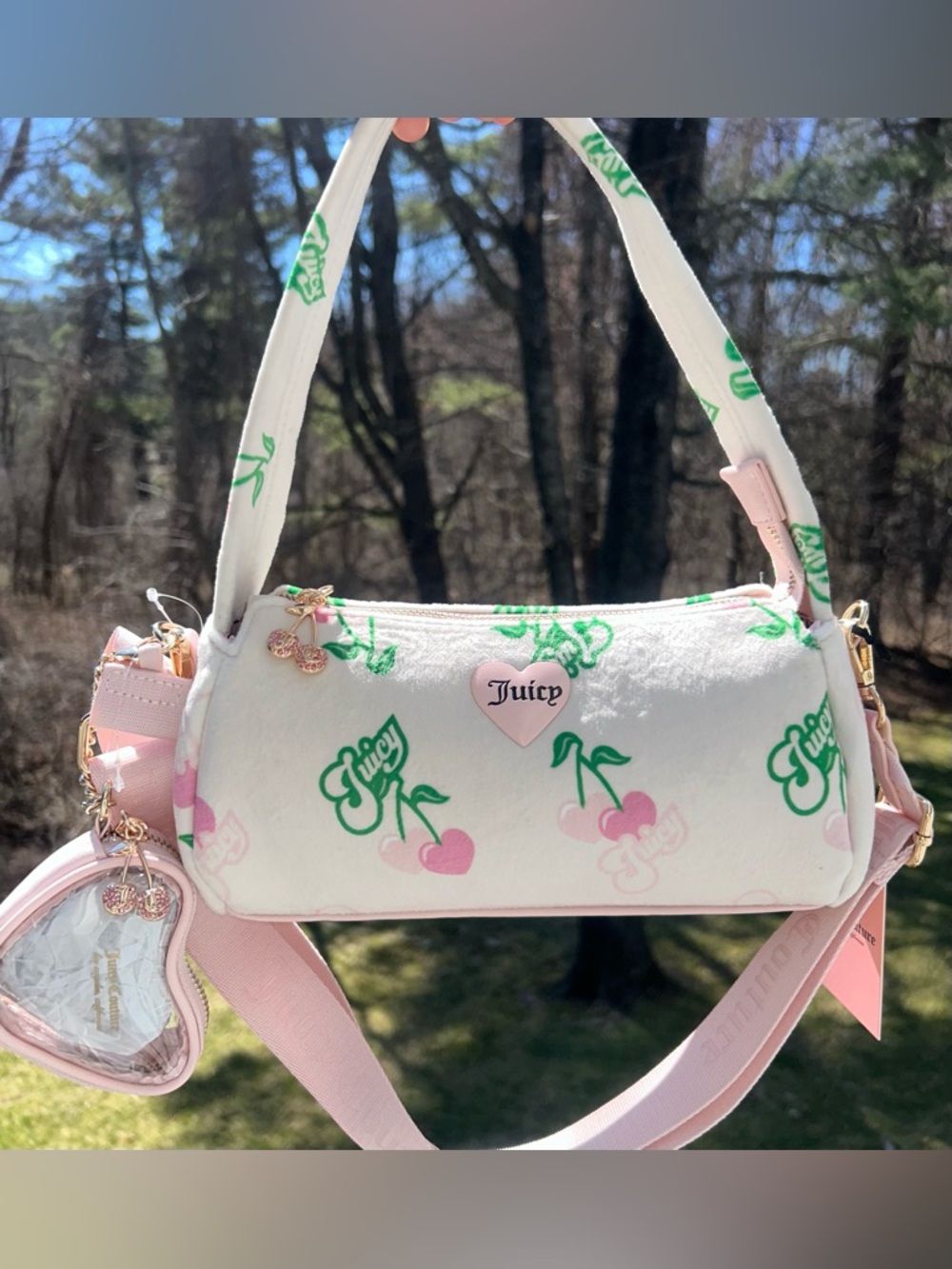 NEW! NWT JUICY COUTURE Velour Retro Cherry Juicy Shoulder Bag Cream/Pink Multi